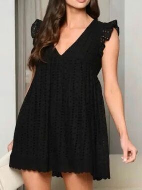 NWT Elegant Black Eyelet Romper Mini Dress